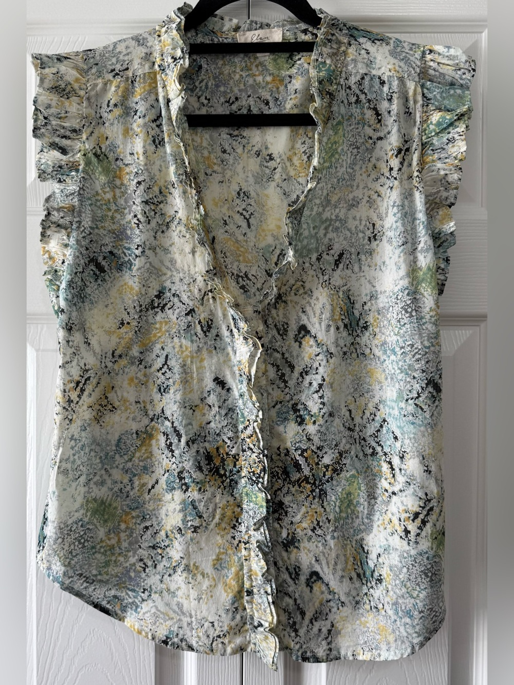 Elan Ruffle Trim Abstract Print Cotton Blouse Top Size Small Boho